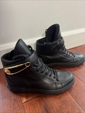 Versus Versace Black High-Top Sneakers with Gold Safety Pin Accent